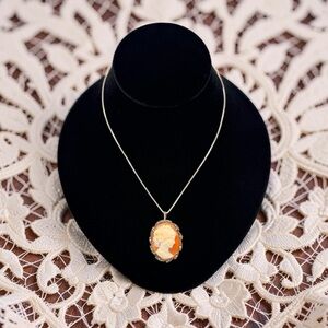 Vintage 800 Silver Cameo Brooch Pendant Necklace 16” Italian Sterling Chain